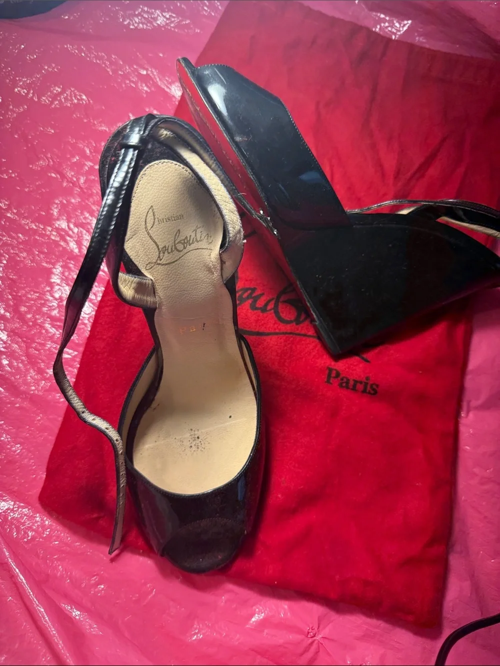 Christian Louboutin Black Patent Peep-Toe Ankle-Tie Heels